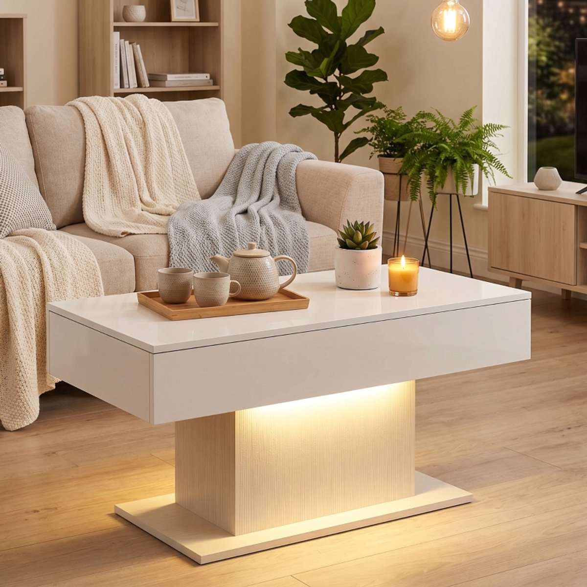 DESMIU Salontafel - Hoogglans Wit Met RGB LED En 2 Lades En Afstandsbediening - Modern Voor Woonkamer En Slaapkamer - 108x48x55 Cm