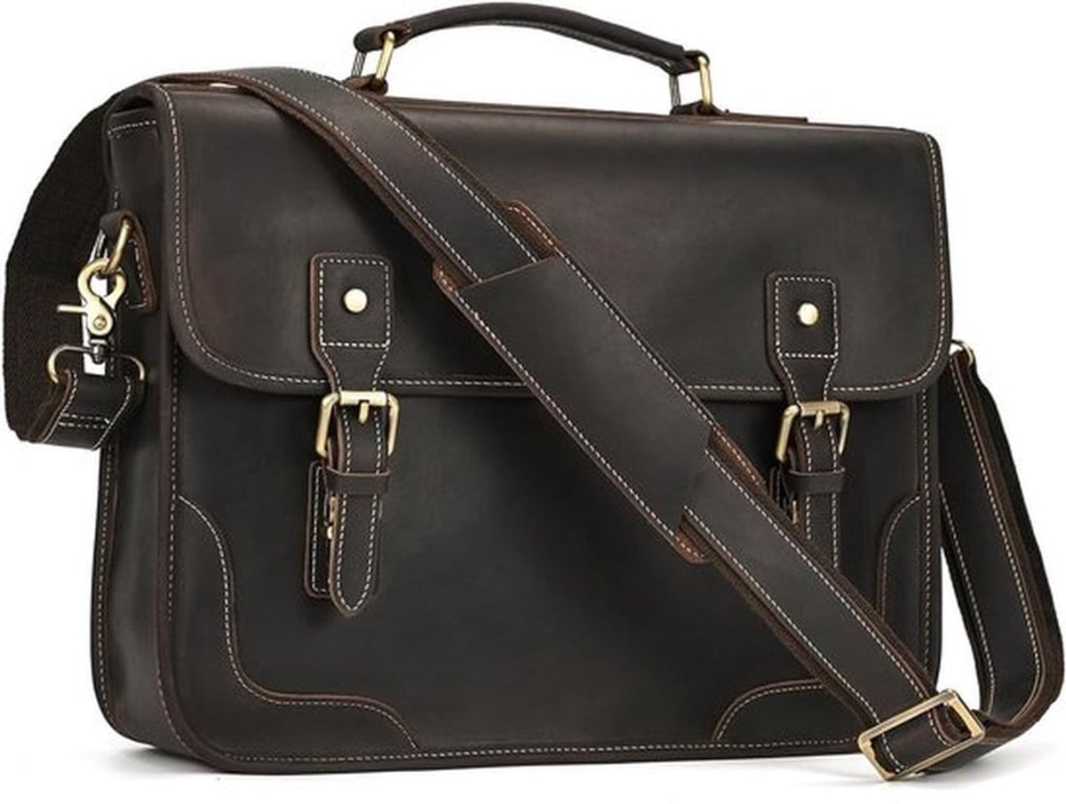 Stijlvolle Vintage Leren Aktetas voor Mannen - 14 Inch Laptop Bag, Desk Bag van Echt Buffelleer in Donkerbruin