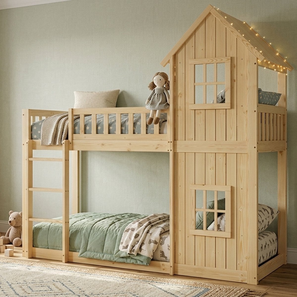 Wishdor Stapelbed huisvorm met trap en vensters - Kinderbed met uitvalbeveiliging - Hout en MDF - Natuur - 90x200 cm