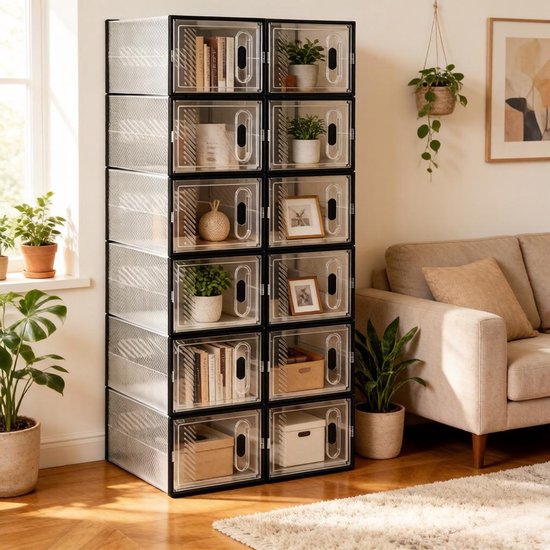 Wishdor Stapelbare schoenopbergbox - Transparant zwart - Modulair - Met voorklep - 12 stuks - Kunststof - 50 x 35,5 x 111,5 cm — afbeelding 5