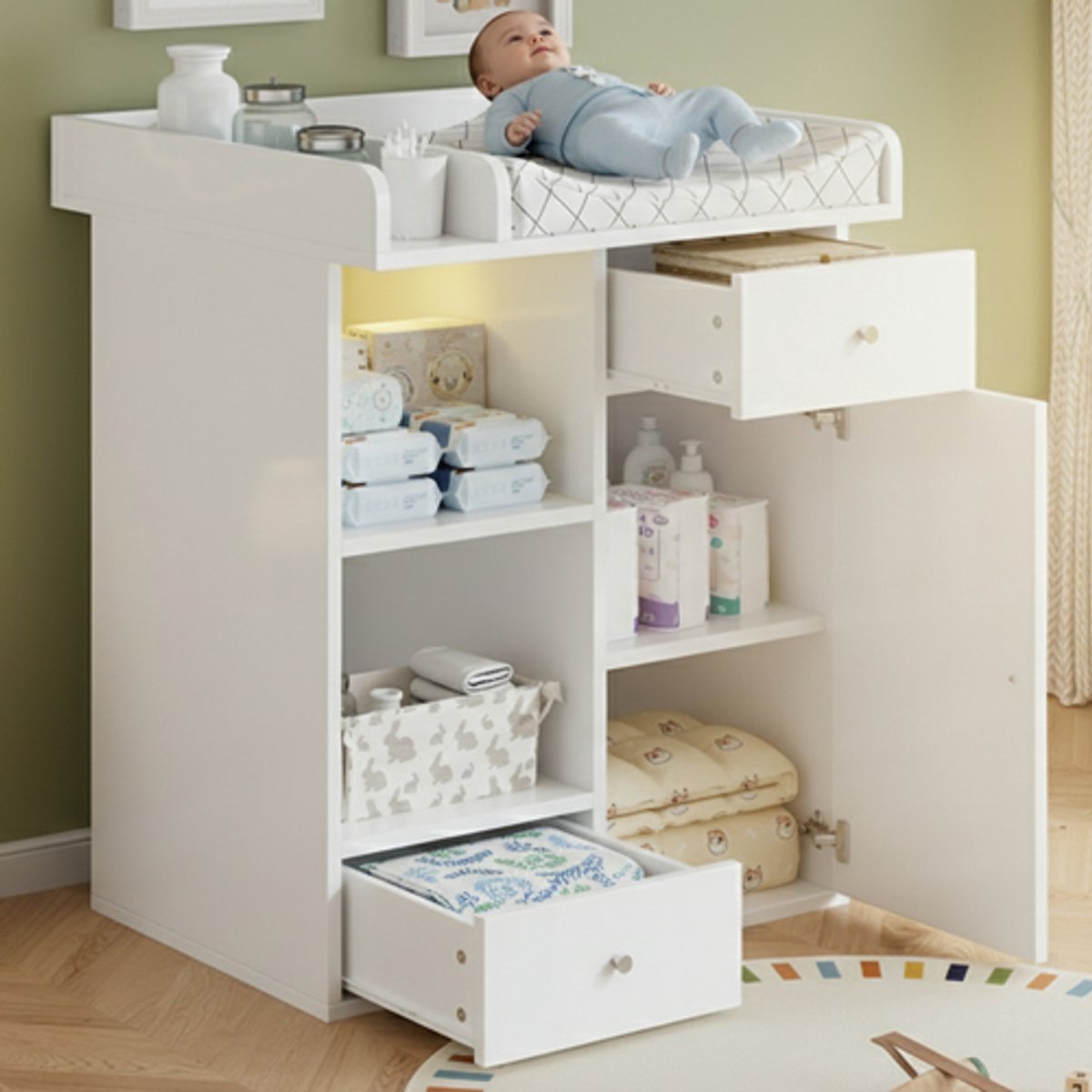 Witte commode met instelbare ledverlichting (kleur en helderheid), 2 lades, veel opbergruimte en een aankleedgedeelte met verdelers.