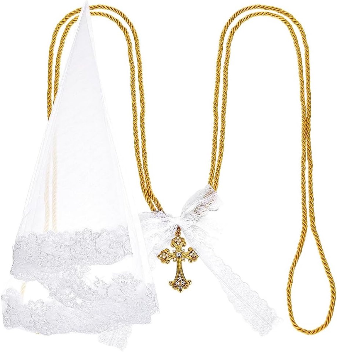 2 Sets Katholieke Bruiloft in Goud, Polyester Bruidsluier en Sleutelhanger met Strass Legering Hanger voor Luxe Bruiloft Accessoires en Cadeaus