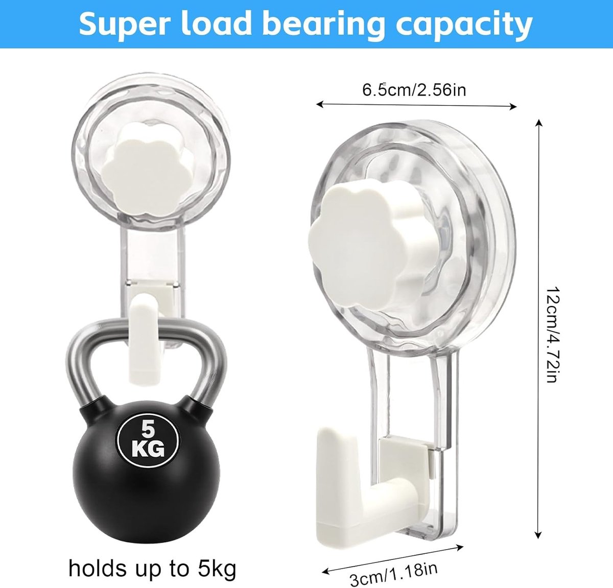 Set van 2 Zuignappen van 65 mm, Sterke Zuignap Haken voor Handdoeken, Herbruikbaar en Transparant voor Badkamer, Keuken en Tegels