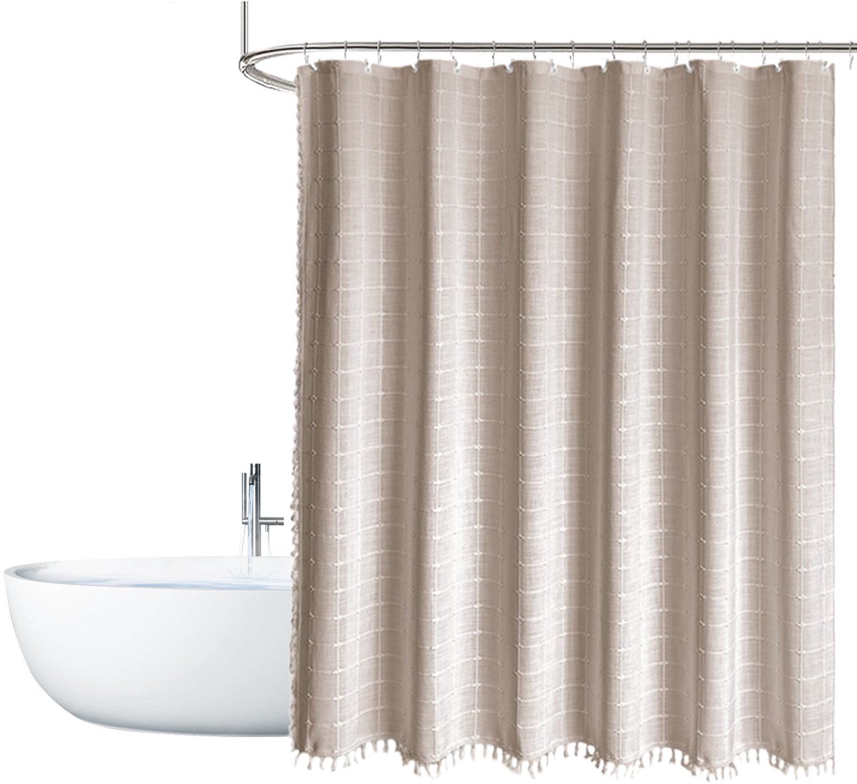 MODFU Douchegordijn – 183x183 cm – Waterafstotend & dikke stof – Met kwastjes – Stijlvol badkamer gordijn – Wasbaar – Polyester – Koffie / Abrikoos