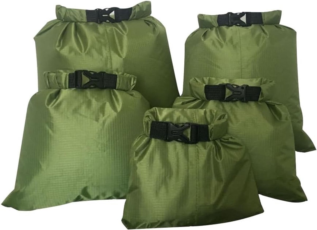 Waterdichte tas voor sup - Legergroen - Set van 5 droogzakken met verschillende capaciteiten - Duurzaam PU-materiaal - Voor watersport en outdoor