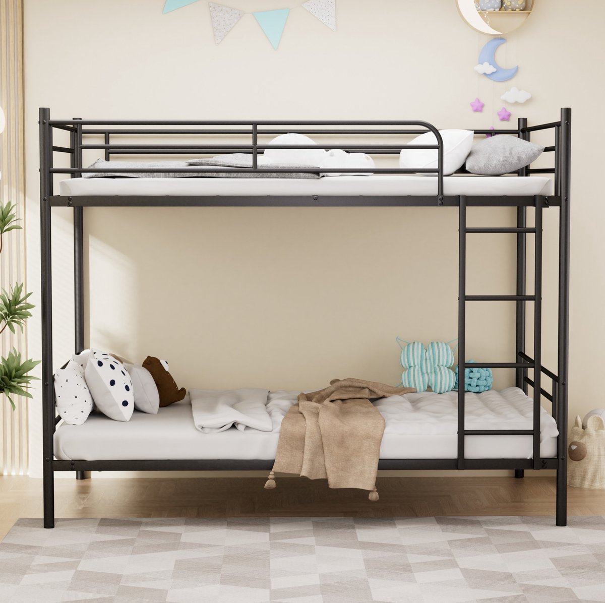 Wishdor Stapelbed 90x190 cm - Zwart metalen frame - Uitvalbeveiliging - Trap aan lange zijde - Modern design - Kinderbed