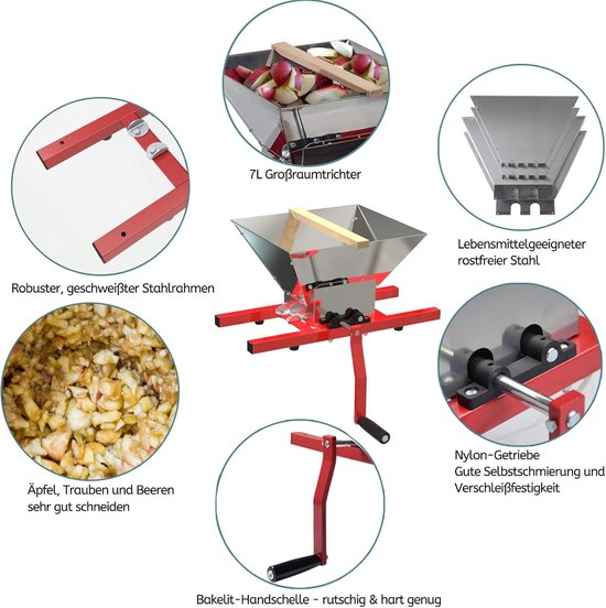 7 Litra Druivenmaler, Fruitmolen, Fruitcrusher, Poedermolen met Handcrank voor Bessen, Wijn en Saus, RVS Handgrinder en Hakker — afbeelding 3