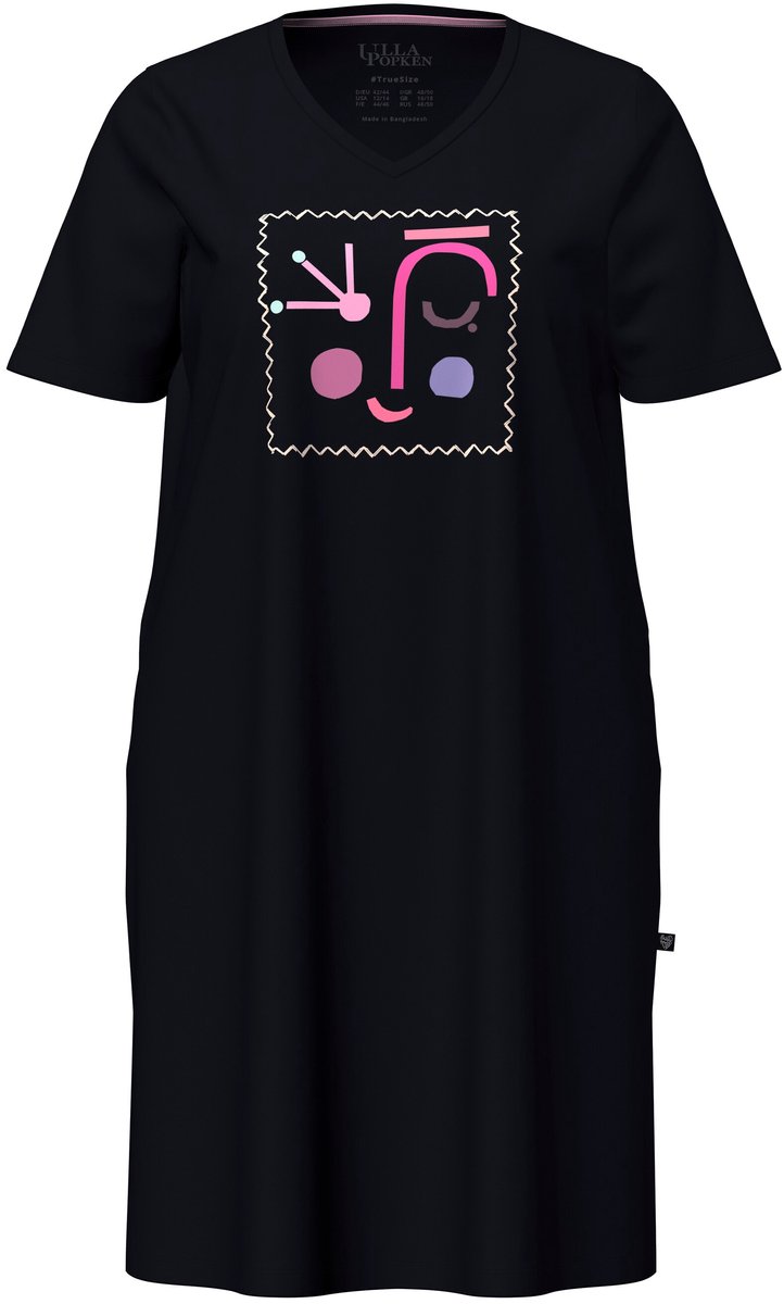 Ulla Popken - Dames - Bigshirt gezicht V-hals korte mouw - Zwart - Maat 46+
