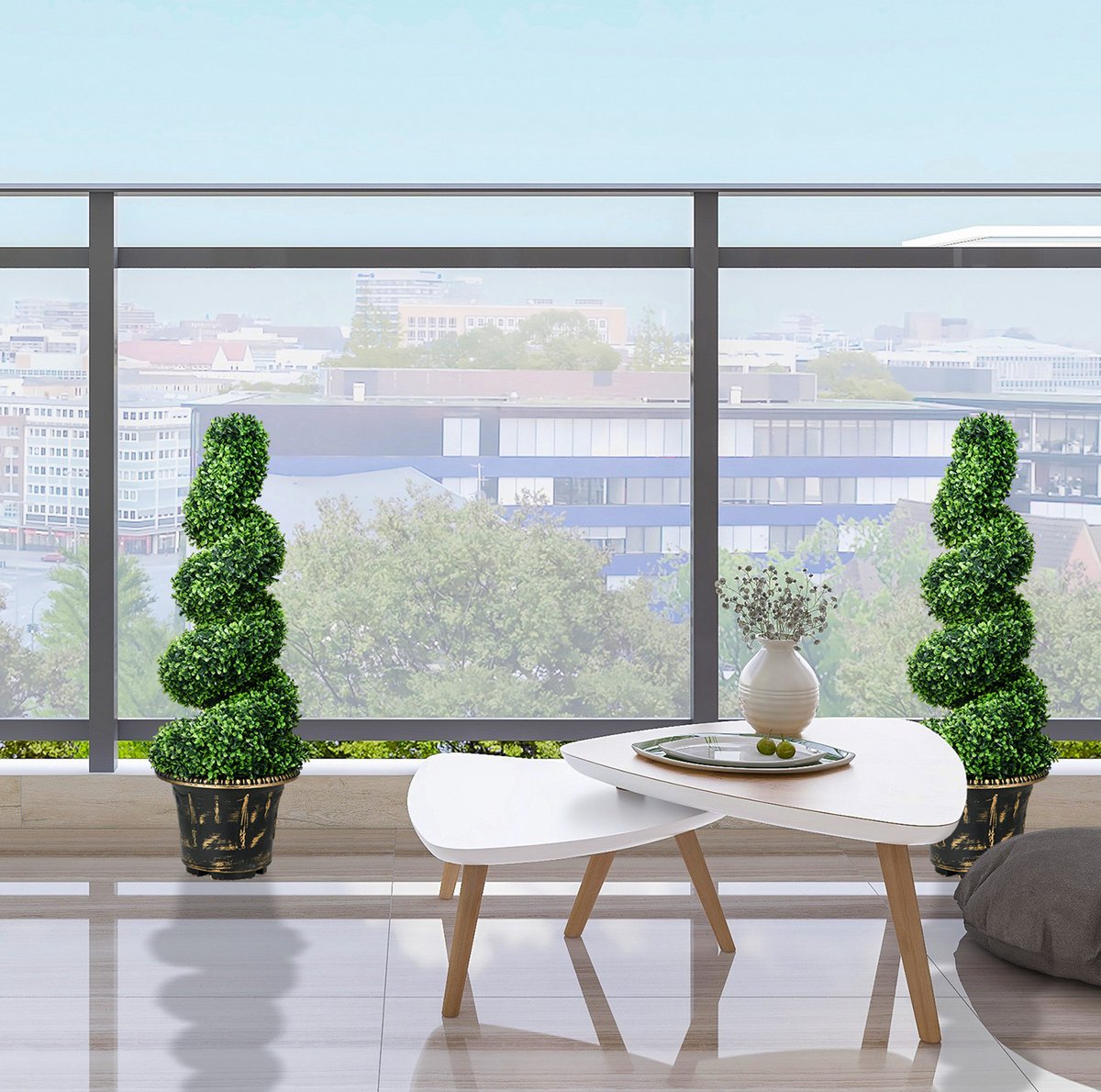 COVREO Kunstplant 90 cm groen, 2 stuks buxus in pot voor binnen en buiten