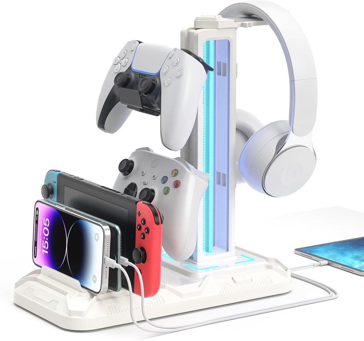 Headset Stand met Oplaadstation - Afneembare Controller Houder met 9 Verlichtingsmodi, Draaiende Hoofdtelefoonhouder met USB Oplaadpoorten voor PC Gaming Accessoires en Opberging