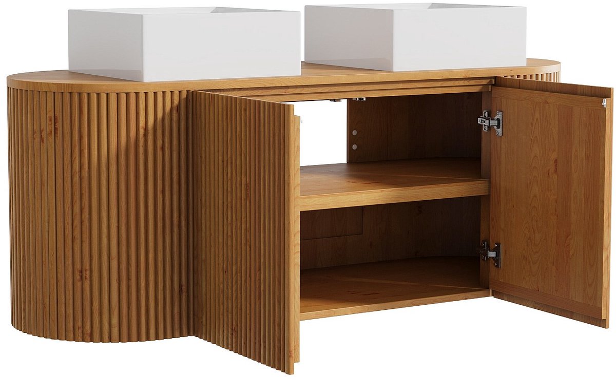 Vente-unique Zwevend teakhouten badkamermeubel met dubbele vierkante opbouwwastafel - Natuurlijk licht - 150 cm - TOWARI