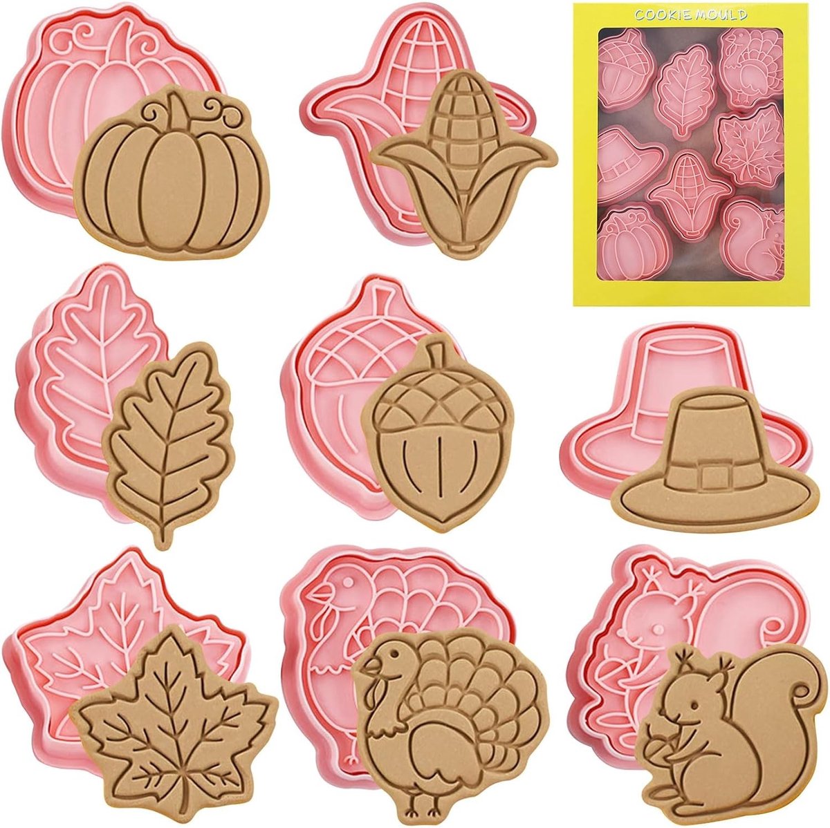 Set van 8 Herfstvormpjes voor Koekjes - 3D Uitsteekvormen voor Halloween en Thanksgiving, Eikenblad en Pompoen voor Fondant en Bakken
