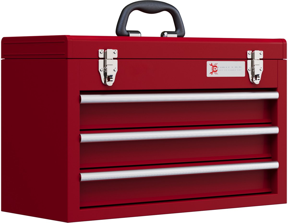 Gereedschapskist met 3 laden - opbergvak bovenin - stalen sluitingen - handvat - 51x22x32 cm - rood