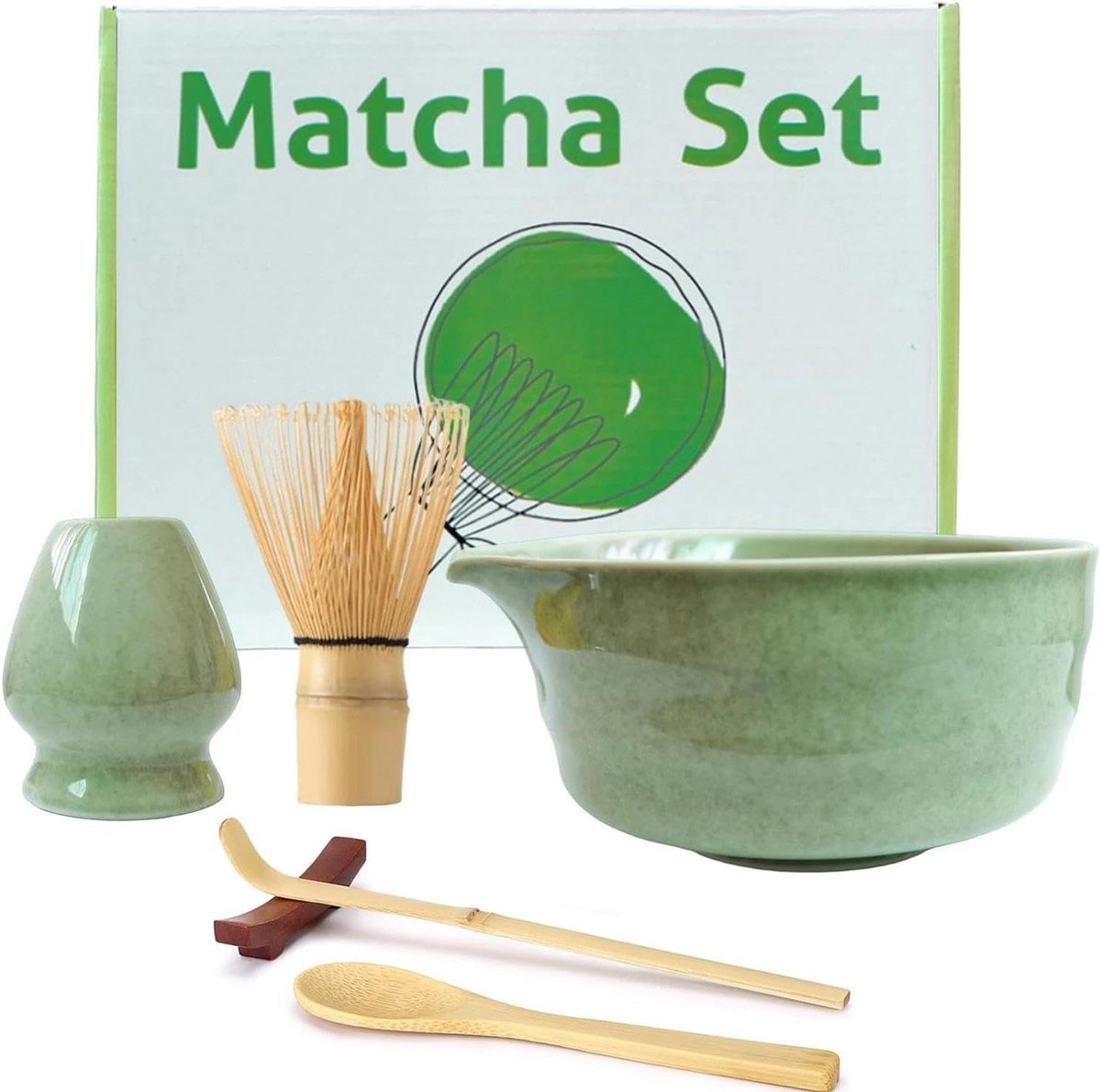 Matcha set - Groen - Keramische kom met schenktuit en bamboe accessoires - Compleet voor thuisgebruik