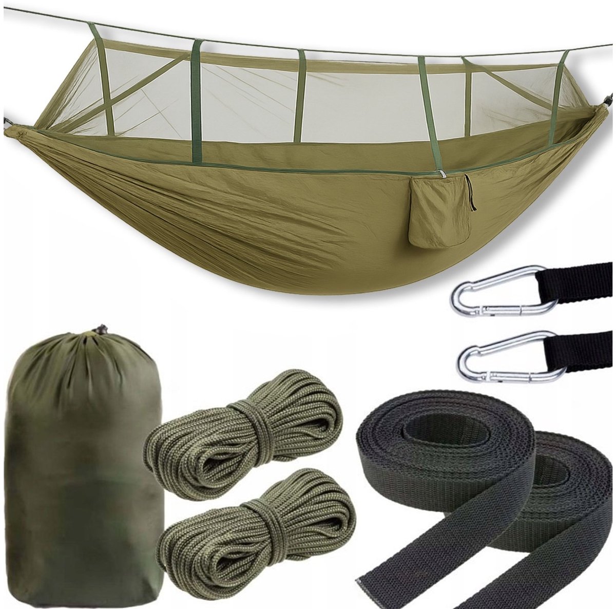 Kenz® - Hangmat met Muggennet - Groen - 255 x 140 cm – Lichtgewicht - Duurzaam - 100% Nylon Insectennet – Donkergroen – met Karabijnhaken, Ophangtape & Opberghoes – Perfect voor Kamperen, Tuin, Survival & Buitenactiviteiten