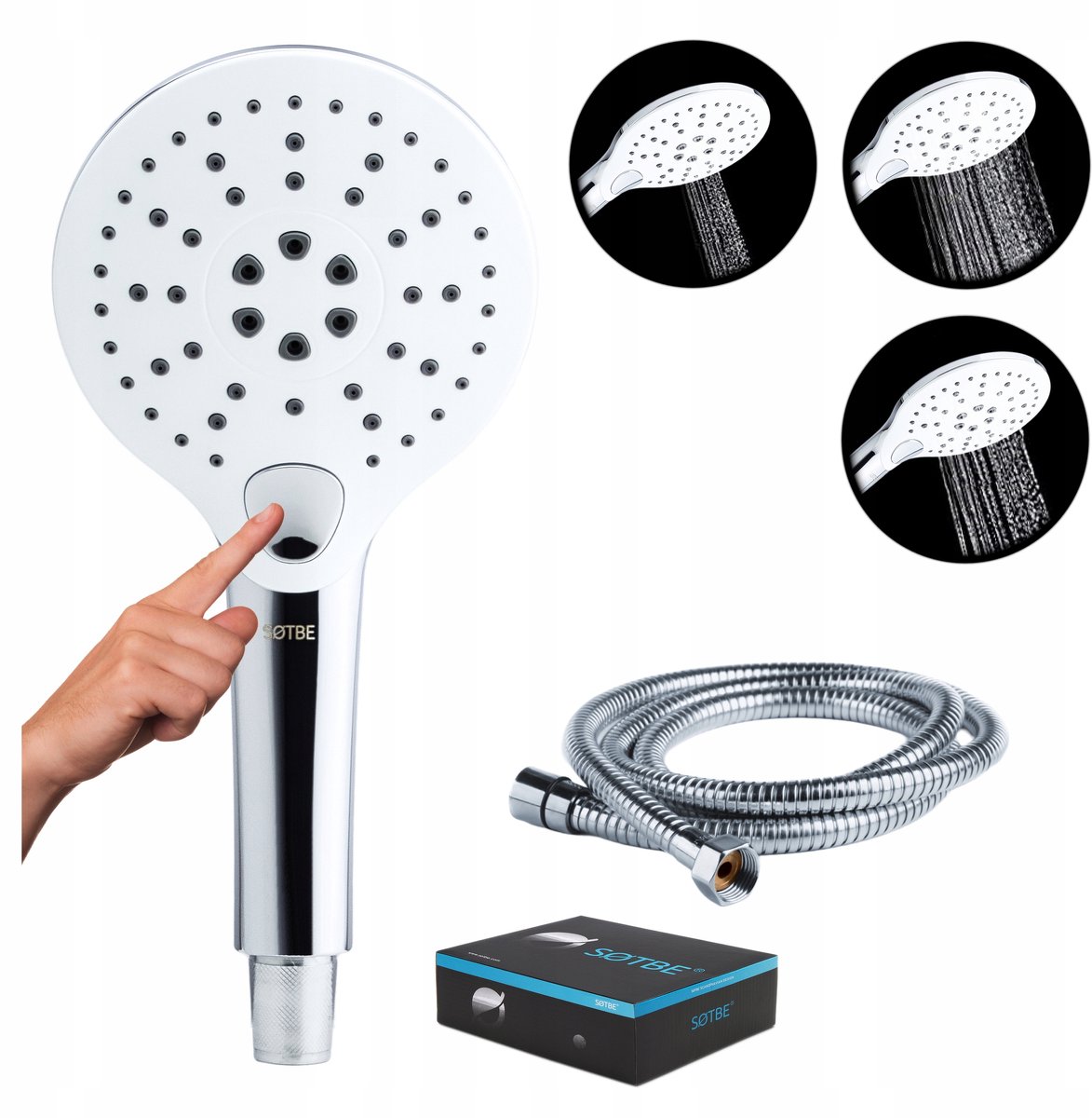Douchekop met metalen slang, wit, 3 functies, voor bad/douche