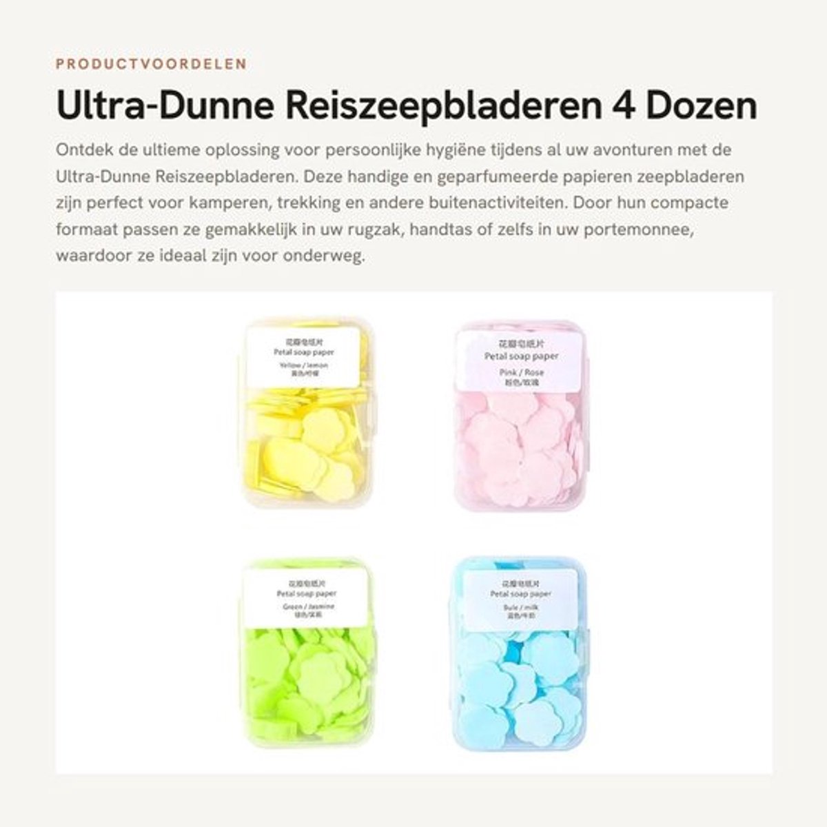 Zeepbladen - Ultra-dun - Geurige Papieren Zeep - Handzeep voor Reizen - Compact voor Rugzak - Duurzaam Materiaal - 4 Dozen - Reiszeep