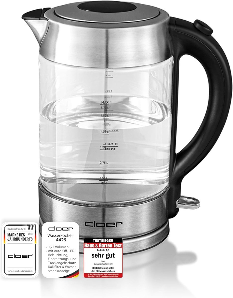 Retro waterkoker - Glas - 1,7 liter - 2200 W met LED-verlichting en kalkfilter - Voor huishoudelijk gebruik