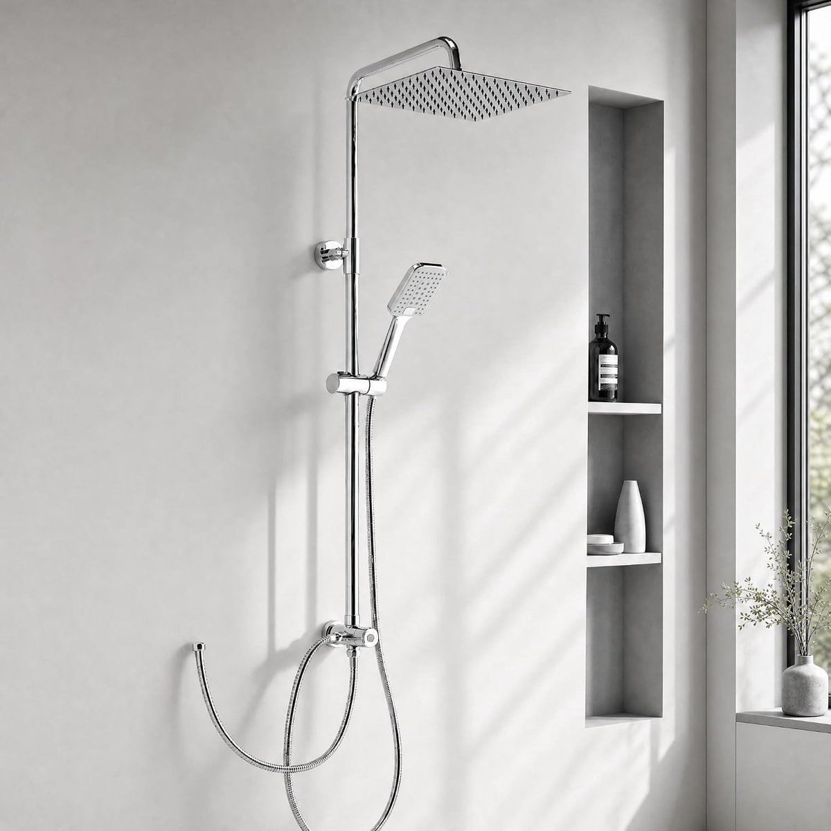 Regendouchekop deluxe 20 cm - Chroom - Hoogteverstelbaar 86-120 cm - RVS Doucheset met 1,6 m Kinkvrije Slang - Voor Badkamer