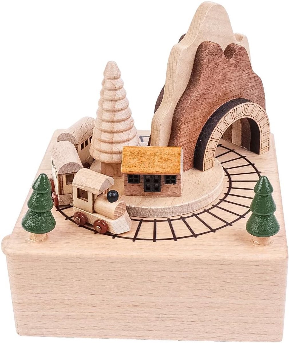 Roterende muziekdoos - Beukenhout - Treinvorm - Mechanisch Houten Muziekdoosje - Decoratief Cadeau