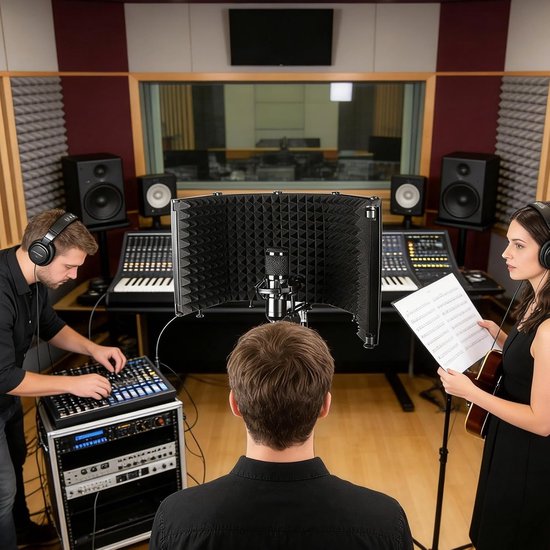 Opnamestudio met drie personen, een microfoon met isolatieschild en professionele audioapparatuur.