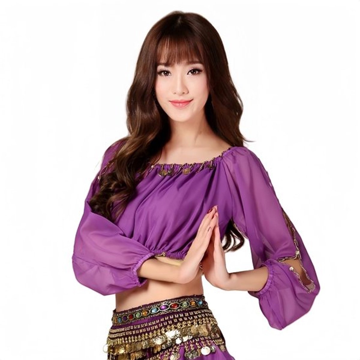 Buikdans-top glanzende munten - Crop Top - Lange Mouwen - Chiffon - Pailletten - Perfect voor shows en festivals - Danskostuum