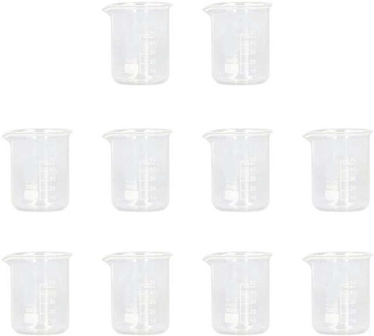 Maatbeker 50 ml - Glazen Laboratoriumbeker - Set van 10 - Borosilicaatglas - Duidelijke Schaallijn - Ideaal voor Laboratoriumgebruik