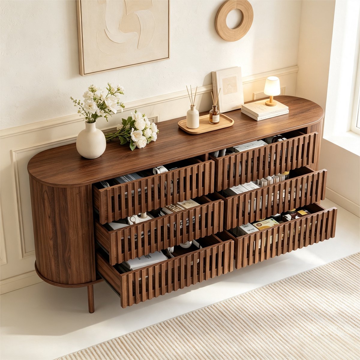 Pugsdrly Sideboard 160x40x70 cm met 6 lades, commode van MDF met holle lamellen, stevige metalen poten, draagvermogen tot 70 kg, commode voor de woonkamer of hal, bijzetkast, ladekast, walnoothoutkleur
