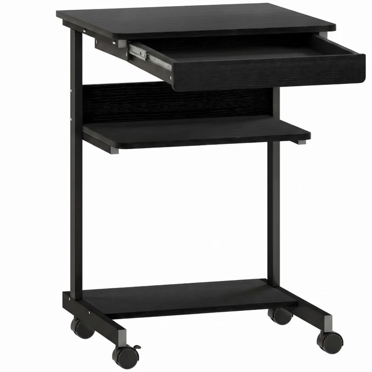 Verrijdbaar Bureau met Lade, Planken & 4 Wielen - Compact - Kantoortafel - Computerbureau - Werktafel - Computer Tafel - Bureautafel - Desk - Game Bureau - Zwart