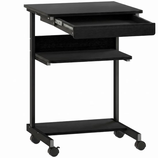 Table de bureau noire avec tiroir ouvert et roulettes