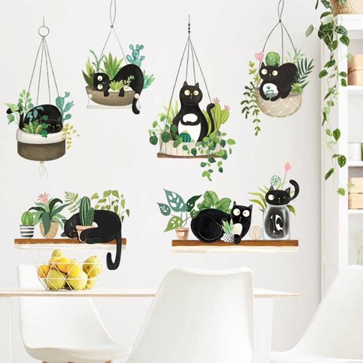 Muursticker Kat met Plantenpatroon - Muurstickers Kinderkamer - Wanddecoratie PVC - Decoratie Kinderen - 90x30 cm - Creatieve Wanddecoratie
