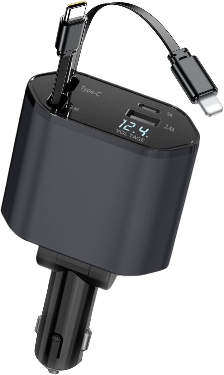 Autolader USB C - Zwart - 120 W - 4-in-1 Sigarettenaansteker met Intrekbare Kabels - Voor Smartphone en Tablet