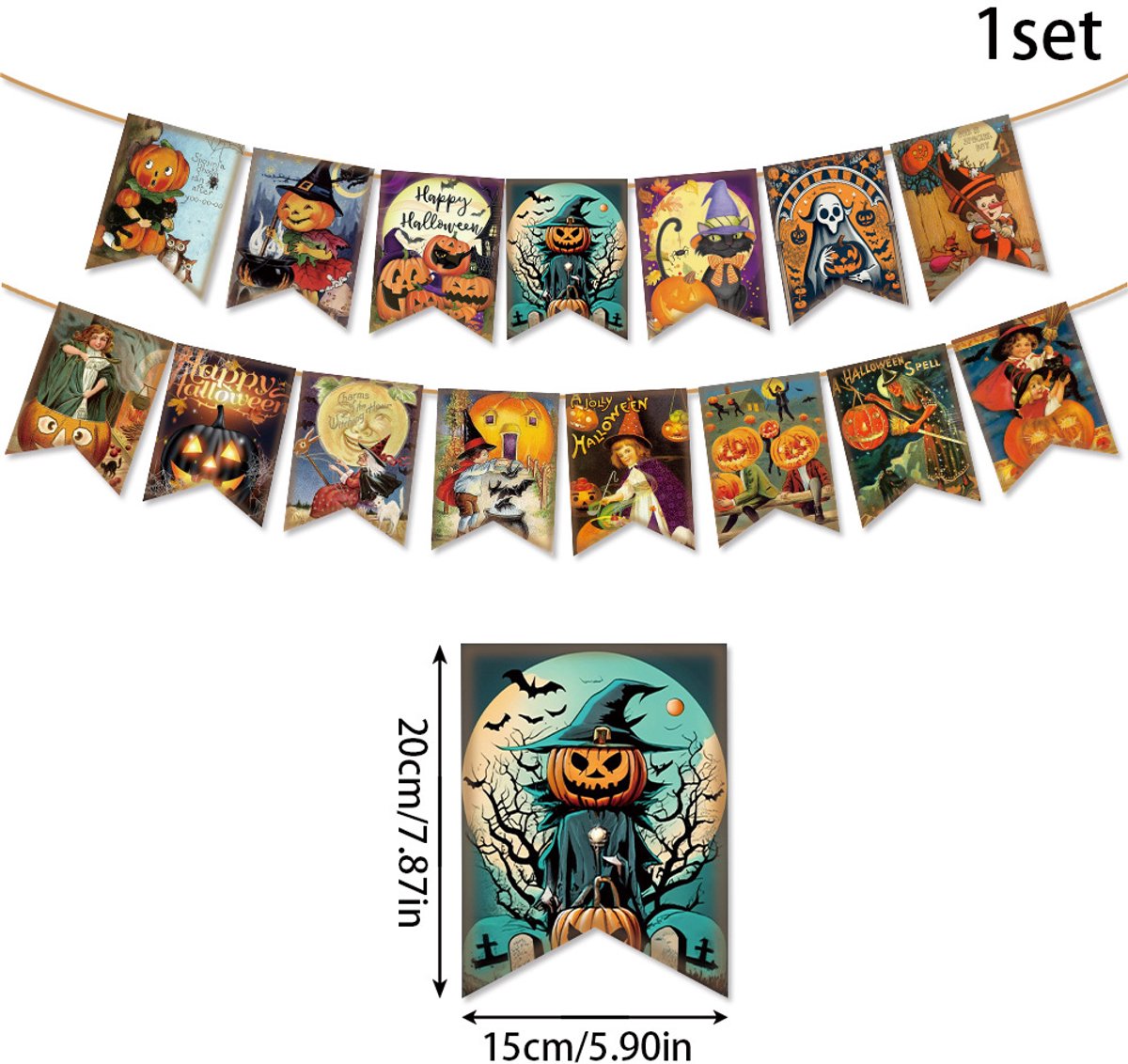 Claoner Halloween feestbanners - Cartoon figuren - Zwaluwstaart vorm - Slingers - Huisdecoratie - Thema feest