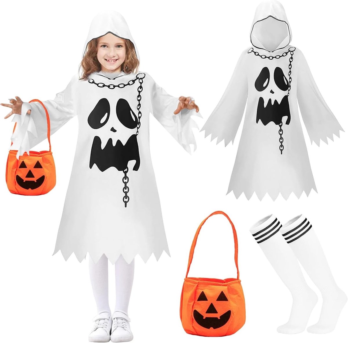 Witte Halloween Kostuum voor Kinderen met Pompoen Cape - Spooky Carnaval Outfit voor Jongens en Meisjes, Geschikt voor Cosplay en Feestjes