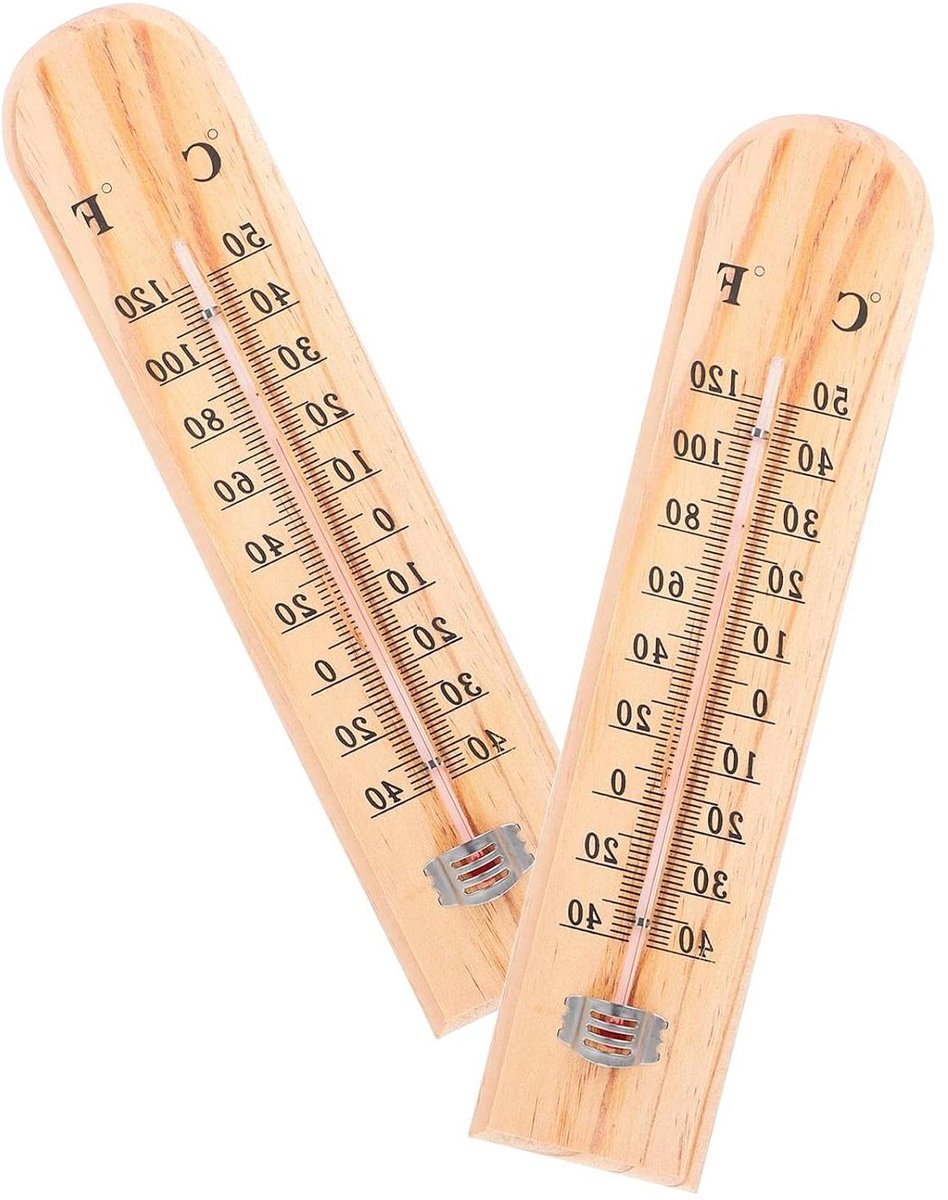 Houten Wandthermometer - Temperatuurmeter Binnen Buiten - Temperatuur Meten - Nauwkeurig Hout Ontwerp - 2 Stuks - Khaki