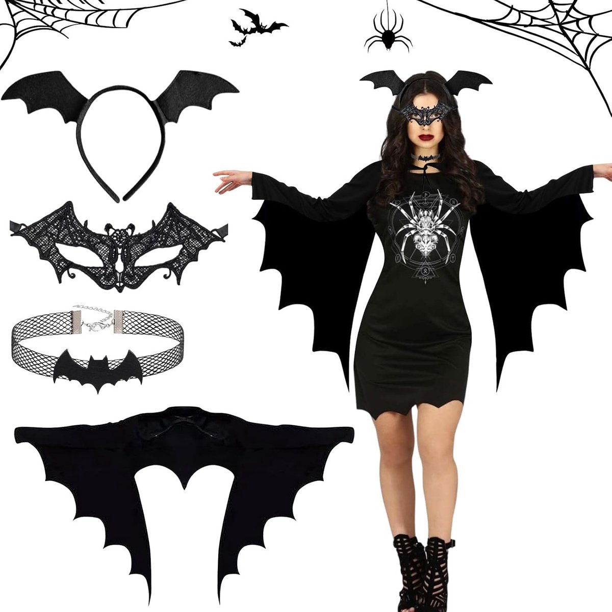 Halloween Kostuum voor Vrouwen - Zwarte Vleermuis Cape met Vleugels, Masker en Sieraden Set voor Vampiers