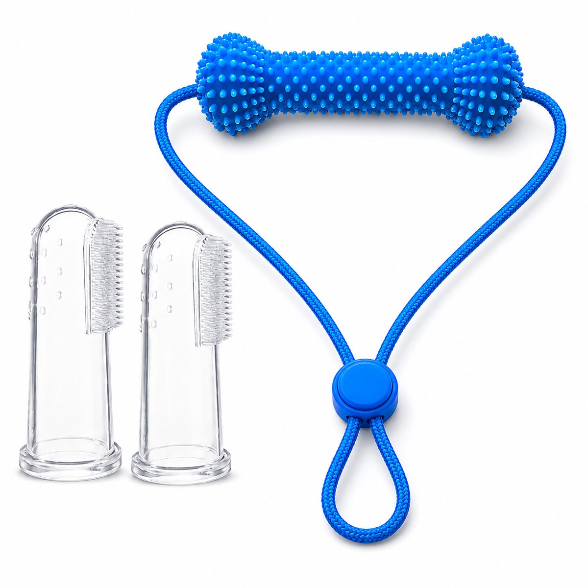 Dubbelwerkende tandverzorgingsset voor honden – Een combinatie van tandverzorgingsspeelgoed en poetshulpmiddel – Herbruikbaar product voor de mondverzorging van uw hond – Twee opzetborstels – Blauw