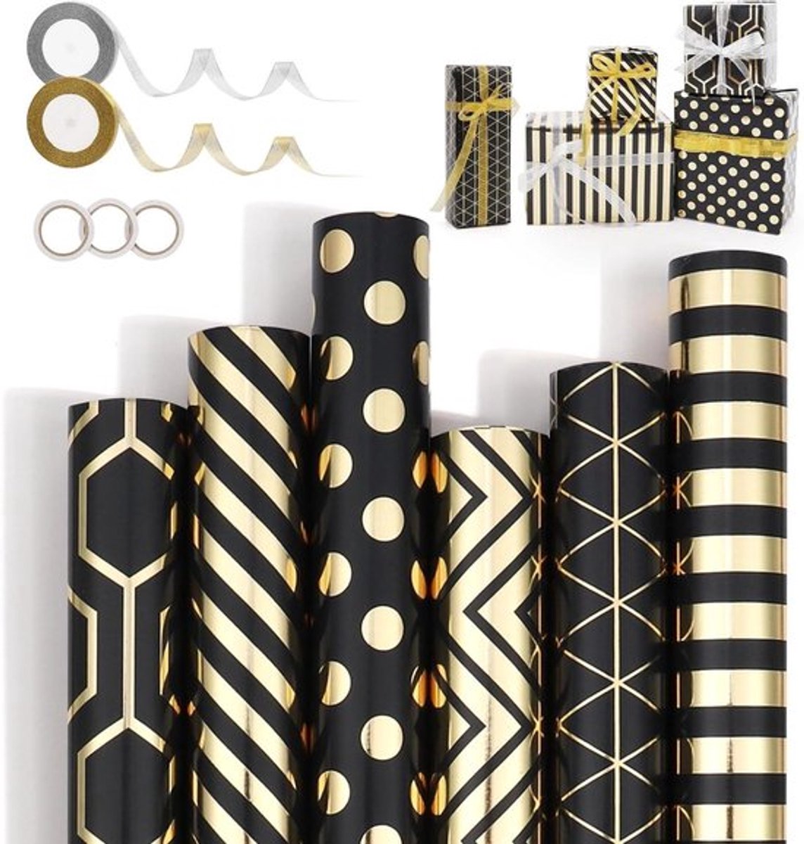 Geschenkpapierrol 300 x 43 cm - 6 rollen cadeaupapier set met linten en plakband - goudprint kraftpapier voor speciale gelegenheden.