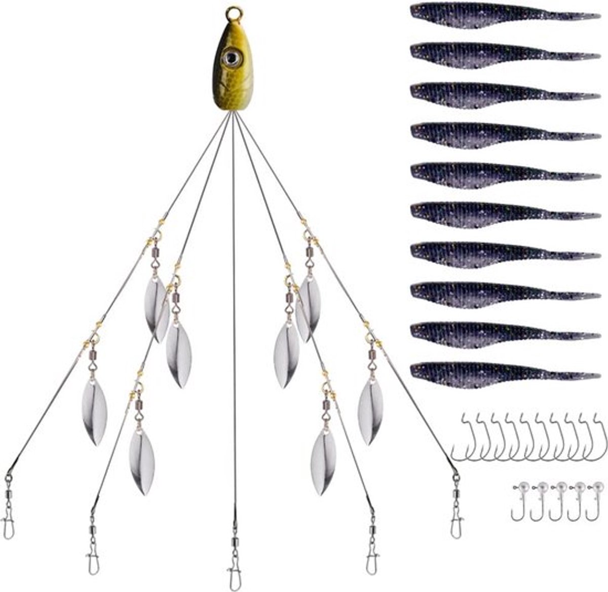 SnelShoppen - Alabama Rig Vissnoer 5 Armen met 8 Willow Leaf en 15 Haakjes - Kwaliteitsvisgerei voor Bass Vissen - Duurzaam en Sterk Materiaal - Ideaa