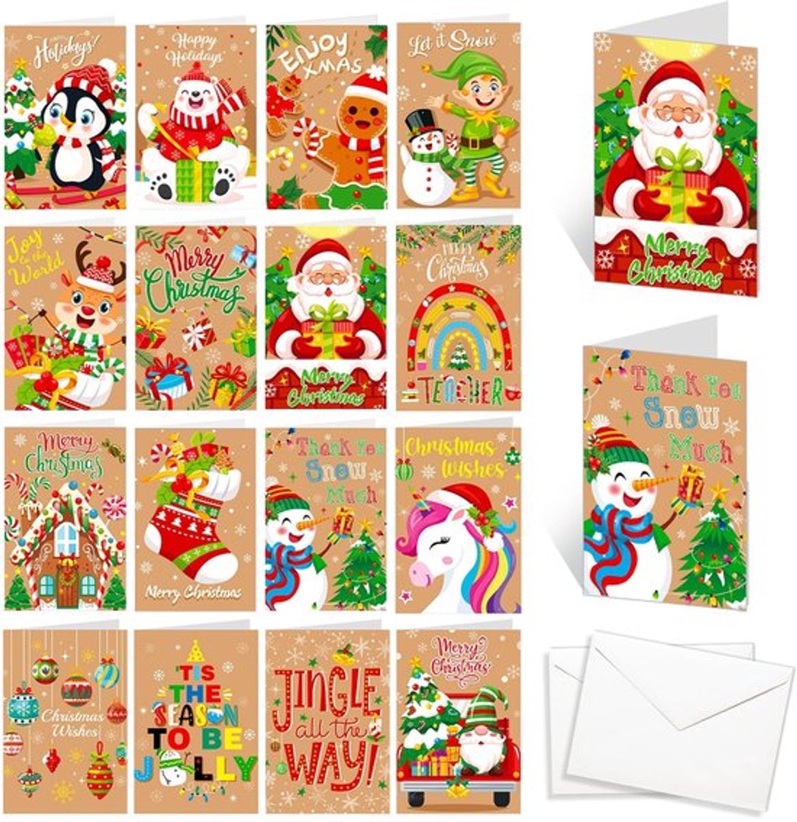 Kerstkaarten set 32 stuks - Kleine kerstkaarten - Wenskaarten zonder tekst - Envelopset - 16 kerstpatronen - 8 x 11 cm