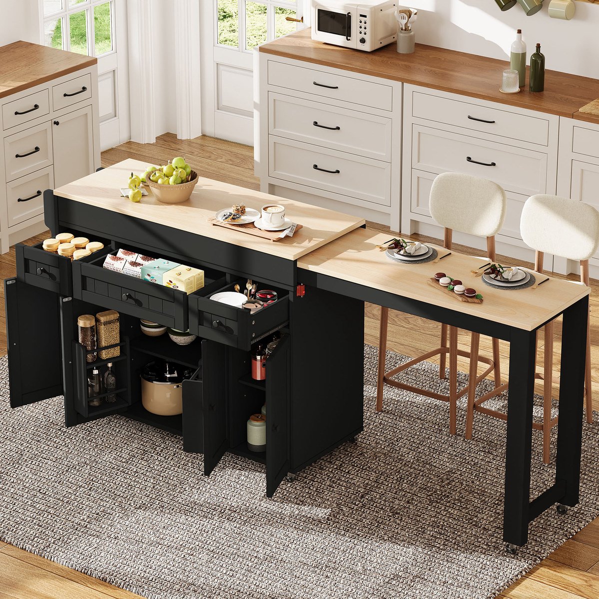 Keukenkast - Uitschuifbaar Werkblad - 137-190,6 x 45,2 x 92 cm - MDF - Zwart Natuurlijk - Keuken En Eetkamer