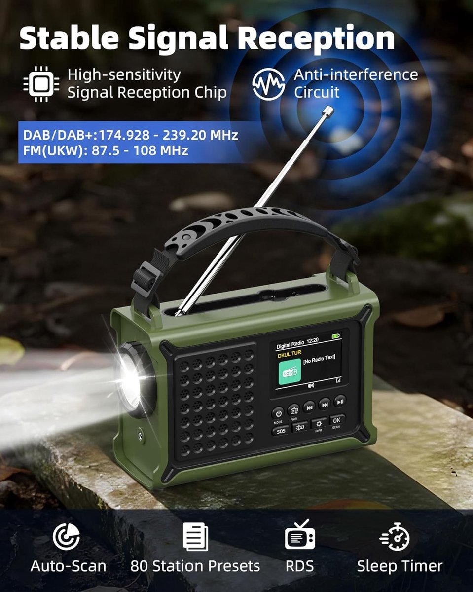 Noodradio solar en opwindbaar - Bosgroen - 17,3 x 7,4 x 12 cm - DAB+/FM-radio met 12000 mAh batterij en Bluetooth - Voor kamperen en noodgevallen