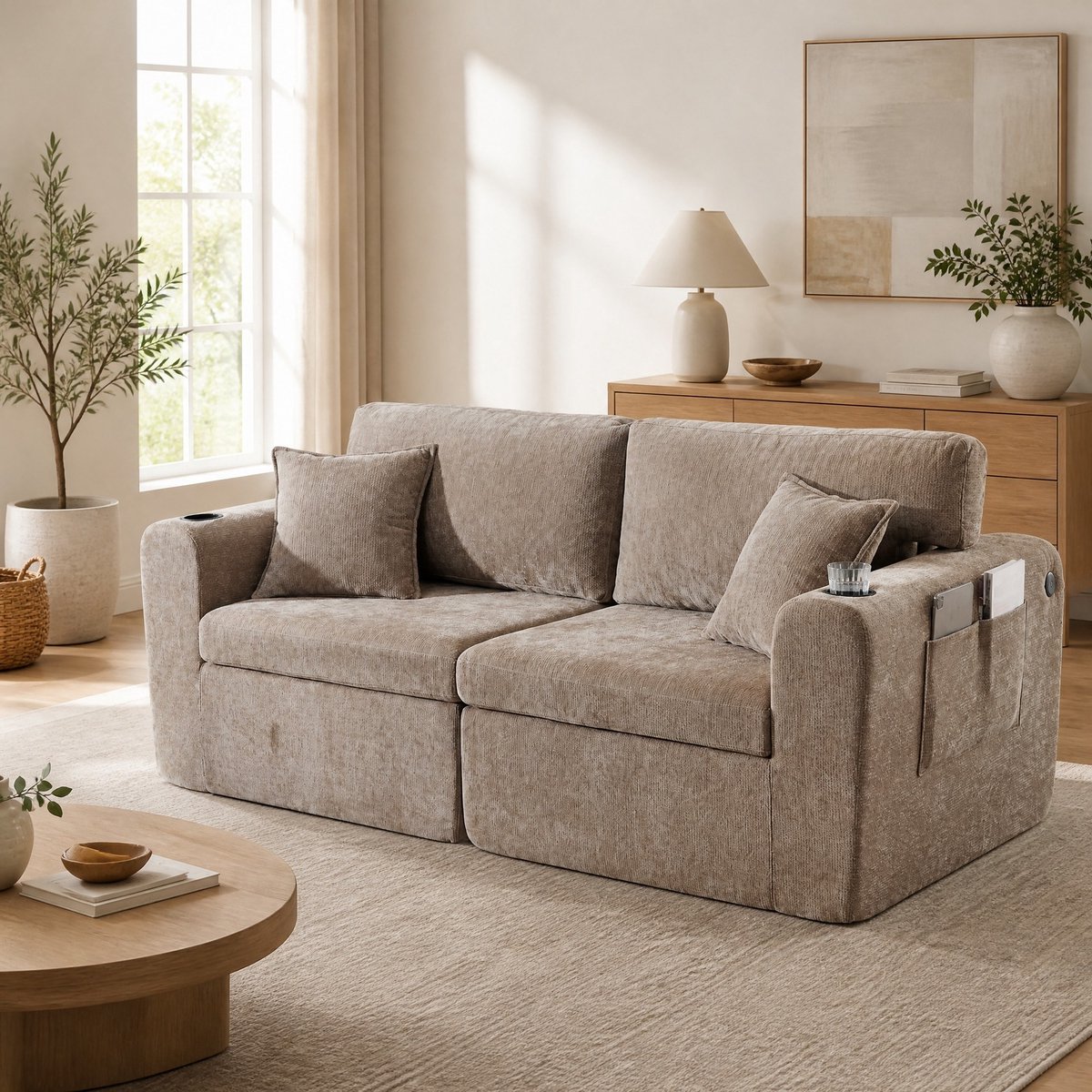Wishdor 2-zits bank - Chenille stof - Zijvak en bekerhouder - Compact voor kleine ruimtes - Bruin - 220 x 100 x 89 cm