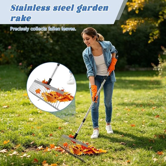 Verstelbare bladhark voor de tuin, 53-160 cm, roestvrijstaal, ergonomische handgreep, ideaal voor bladeren en gazononderhoud — afbeelding 4