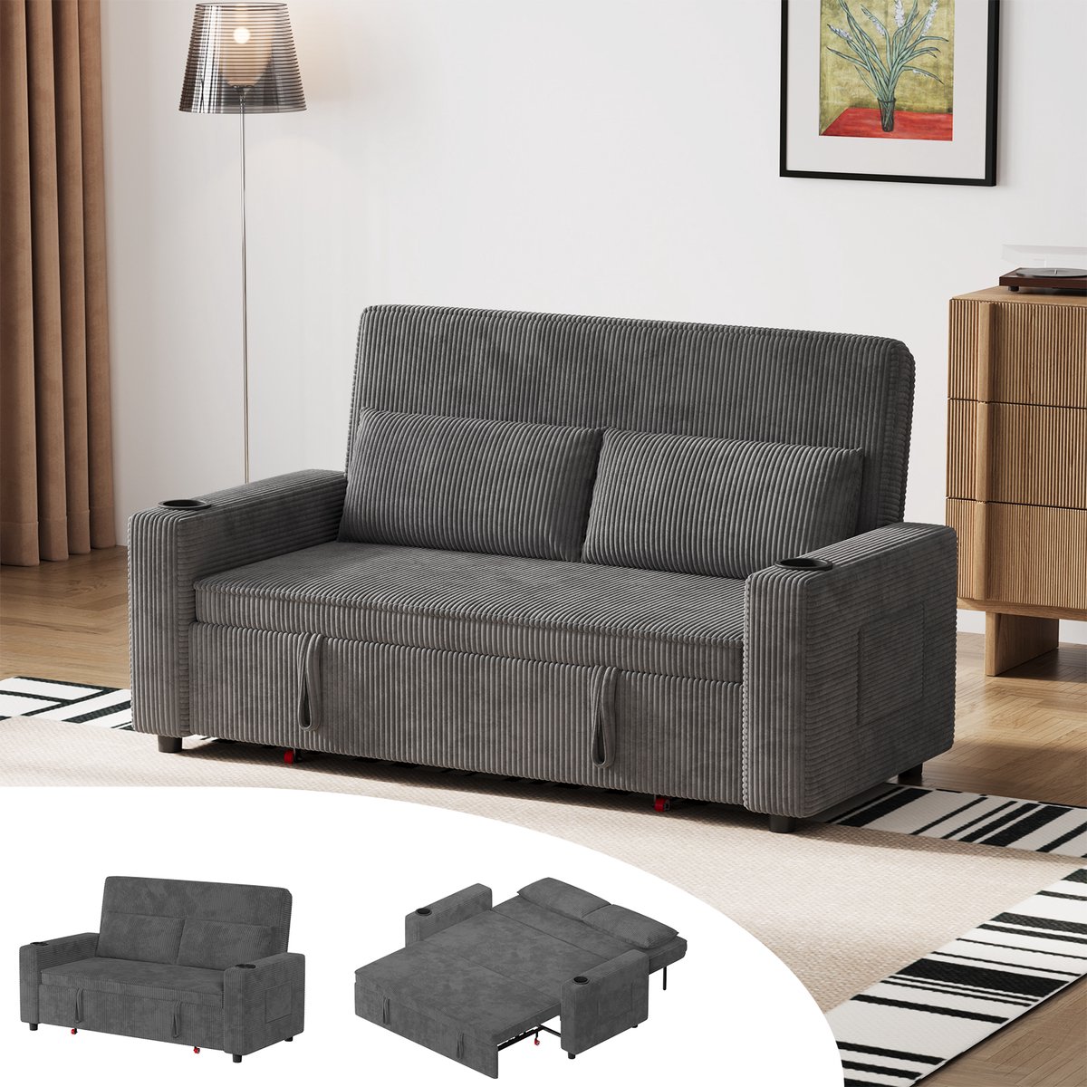 Devoko compacte uitschuifbare slaapbank 141,5 x 118,5 x 55,5 cm - ruimtebesparend, ribfluwelen bekleding - Grijs