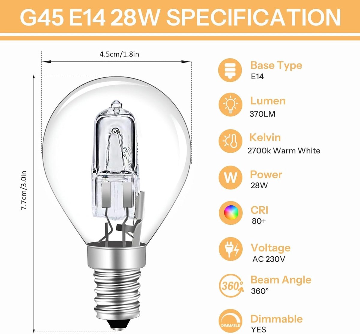 Dimbare Halogeen G45 Golfbal Lamp - Warm Wit - G45-E14 - Hoogwaardige Glasconstructie - Voor Kroonluchters en Tafellampen