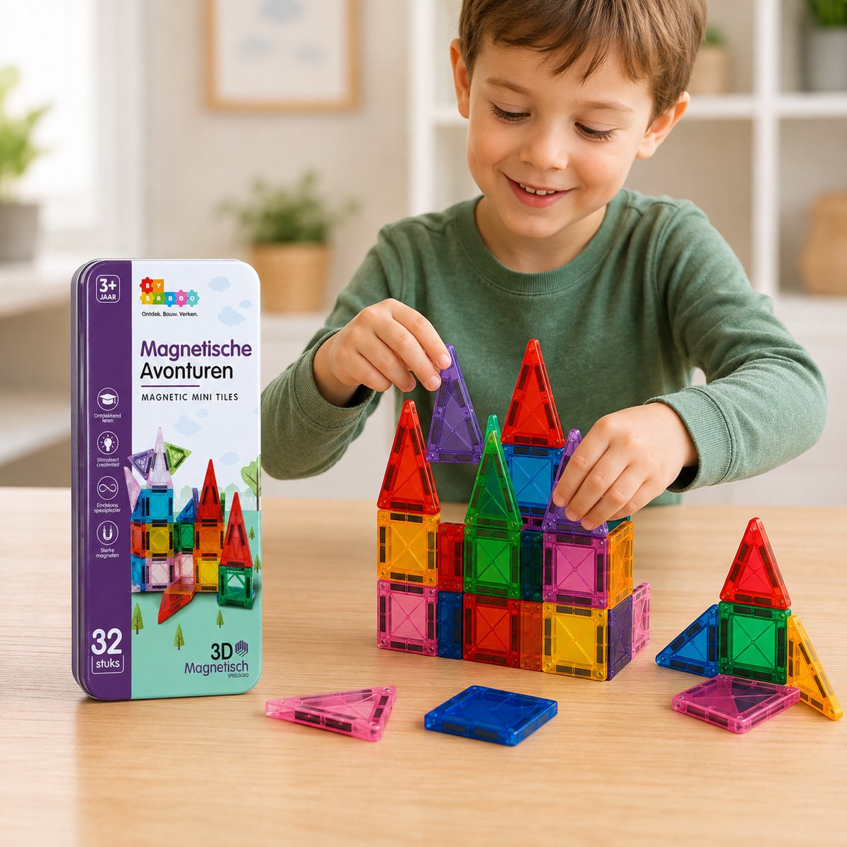 By Baboo® Magnetic Tiles Mini 32 Stuks Reisset + 100 Bouw-Challenges - Travelset - Reisspeelgoed Magnetische Tegels Blokken Cadeau Jongens Meisjes - Montessori Educatief Kinderspeelgoed 3 Jaar, 4 jaar, 5 jaar, 6 jaar, 7 jaar, 8 jaar, 9 jaar — afbeelding 9
