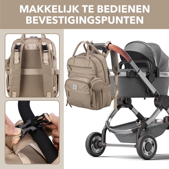 Brisby Premium Luiertas – Uitgebreide en Functionele Verzorgingstas – met buggymontage – Anti Diefstal Vakken - Reistrolley Sleeve - Inclusief verschoonmatje t.w.v.15,99 euro en speenhouder - Levenslange Garantie - Natural Greige — afbeelding 4