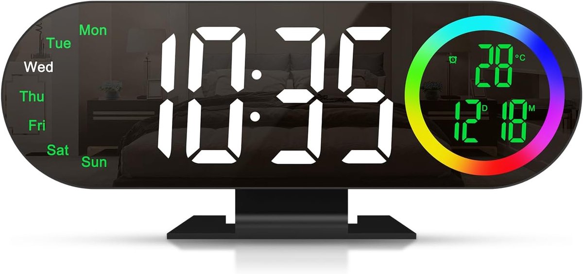Bobypet - Digitale Wekker met 8.5" LED Spiegel Display - RGB Nachtlampje met 16 Kleurmodi - Dubbele Wekker met Temperatuur, Datum & Dimbaar Licht voor Slaapkamer en Bureau