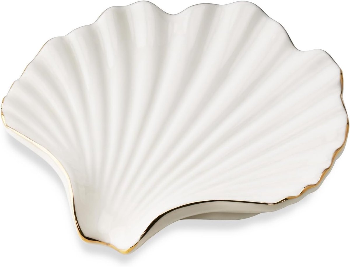 Keramisch Zeepbakje Schelp - Zelfdrainerend - Voor Badkamer en Keuken - Met Gouden Rand - 14x14,5x4 cm - 1 stuk